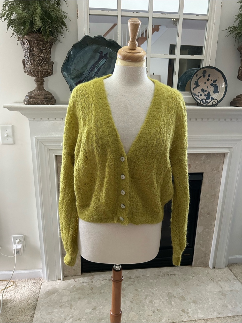 Free People Fuzzy Oversized V-Neck Alpaca Cardigan in Mossy Yellow-Green
